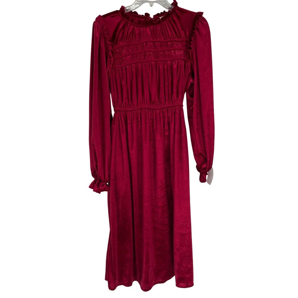 Haptics by Holly Harper Burgundy Velvet Smocked Mock Neck Midi Dress Size S